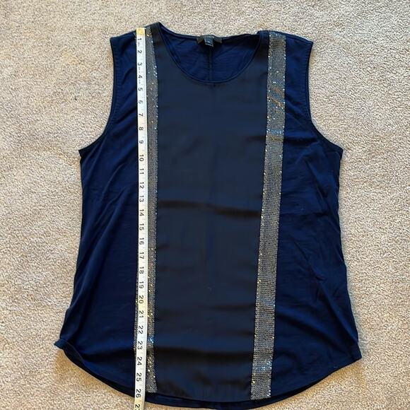 J. Crew Mixed Media w/ Metal Sequin Trim Sleeveless Blouse Size M Navy Cotton - Picture 7 of 7
